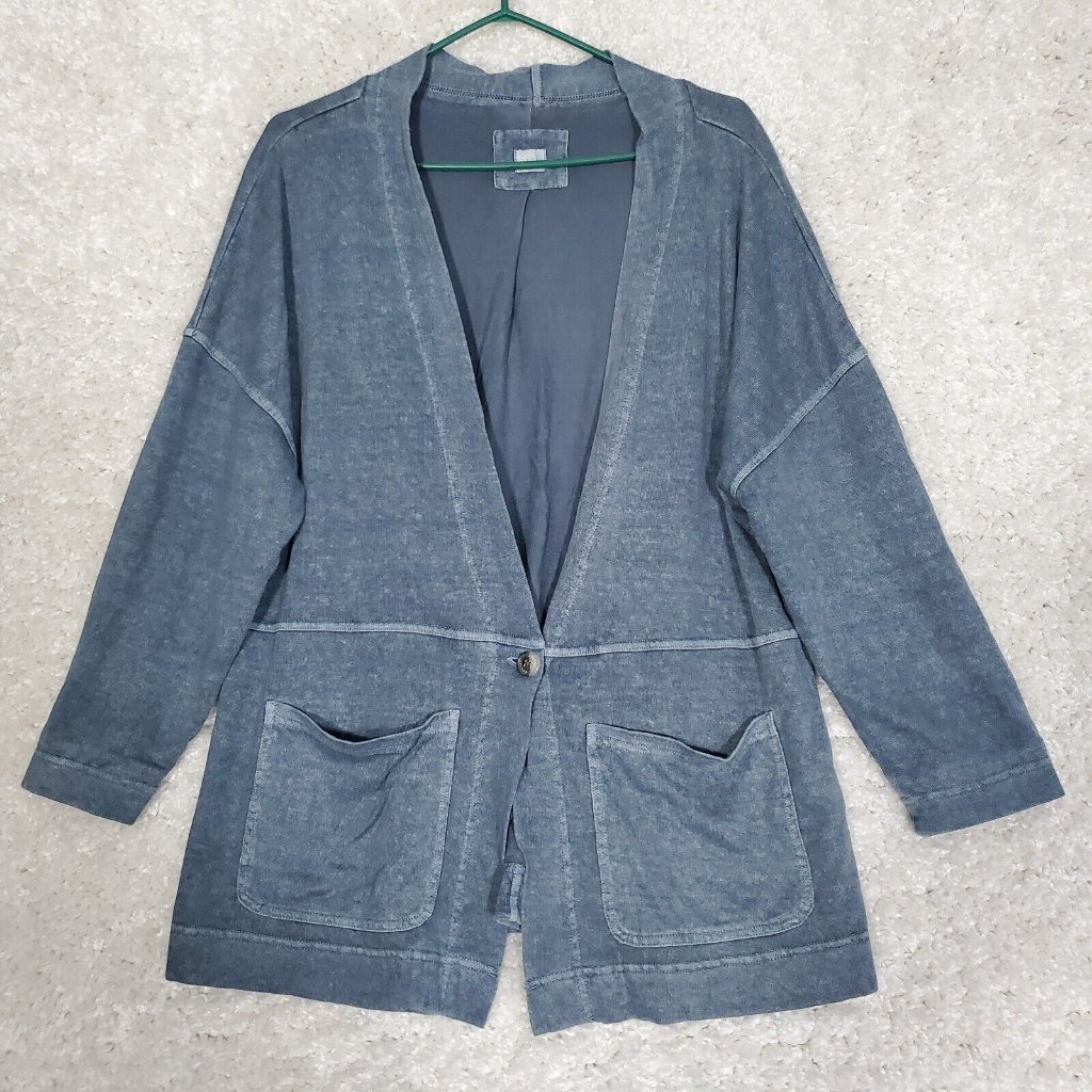 Poetry Sweater Womens 14 Blue Hemp Blend 1 Button Cardigan Long Sleeve Pockets